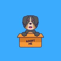 Cute dog in box with a poster Adopt me. Animal cartoon concept isolated. Can used for t-shirt, greeting card, invitation card or mascot. Flat Cartoon Style vector