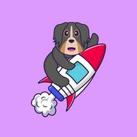 Cute dog flying on rocket. Animal cartoon concept isolated. Can used for t-shirt, greeting card, invitation card or mascot. Flat Cartoon Style vector