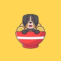 Cute dog eating ramen noodles. Animal cartoon concept isolated. Can used for t-shirt, greeting card, invitation card or mascot. Flat Cartoon Style vector