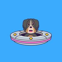 lindo perro conduciendo nave espacial ovni. aislado concepto de dibujos animados de animales. Puede utilizarse para camiseta, tarjeta de felicitación, tarjeta de invitación o mascota. estilo de dibujos animados plana vector