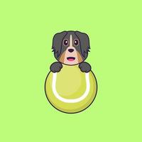 lindo perro jugando al tenis. aislado concepto de dibujos animados de animales. Puede utilizarse para camiseta, tarjeta de felicitación, tarjeta de invitación o mascota. estilo de dibujos animados plana vector