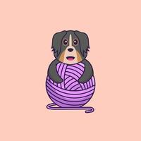 Cute dog playing with wool yarn. Animal cartoon concept isolated. Can used for t-shirt, greeting card, invitation card or mascot. Flat Cartoon Style vector