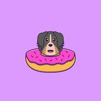 Cute dog with a donut on his neck. Animal cartoon concept isolated. Can used for t-shirt, greeting card, invitation card or mascot. Flat Cartoon Style vector