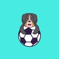 Cute dog playing soccer. Animal cartoon concept isolated. Can used for t-shirt, greeting card, invitation card or mascot. Flat Cartoon Style vector