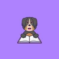 Cute dog reading a book. Animal cartoon concept isolated. Can used for t-shirt, greeting card, invitation card or mascot. Flat Cartoon Style vector