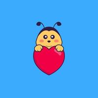 Cute bee holding a big red heart. Animal cartoon concept isolated. Can used for t-shirt, greeting card, invitation card or mascot. Flat Cartoon Style vector