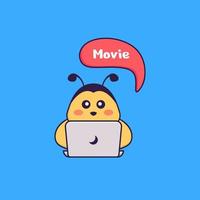 Cute bee is watching a movie. Animal cartoon concept isolated. Can used for t-shirt, greeting card, invitation card or mascot. Flat Cartoon Style vector