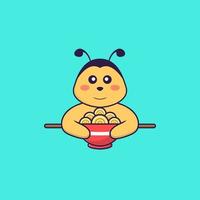 Cute bee eating ramen noodles. Animal cartoon concept isolated. Can used for t-shirt, greeting card, invitation card or mascot. Flat Cartoon Style vector