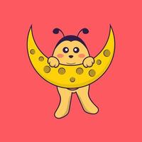 Cute bee is on the moon. Animal cartoon concept isolated. Can used for t-shirt, greeting card, invitation card or mascot. Flat Cartoon Style vector