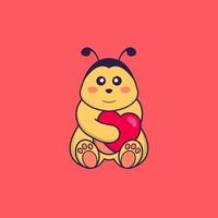 Cute bee holding a big red heart. Animal cartoon concept isolated. Can used for t-shirt, greeting card, invitation card or mascot. Flat Cartoon Style vector