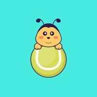 Cute bee playing tennis. Animal cartoon concept isolated. Can used for t-shirt, greeting card, invitation card or mascot. Flat Cartoon Style vector