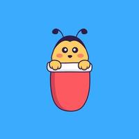 Cute bee in red pocket. Animal cartoon concept isolated. Can used for t-shirt, greeting card, invitation card or mascot. Flat Cartoon Style vector