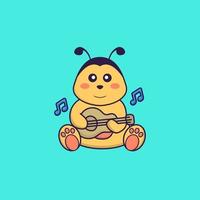 Cute bee playing guitar. Animal cartoon concept isolated. Can used for t-shirt, greeting card, invitation card or mascot. Flat Cartoon Style vector