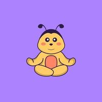 Cute bee is meditating or doing yoga. Animal cartoon concept isolated. Can used for t-shirt, greeting card, invitation card or mascot. Flat Cartoon Style vector