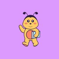 Cute bee holding a book. Animal cartoon concept isolated. Can used for t-shirt, greeting card, invitation card or mascot. Flat Cartoon Style vector