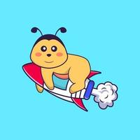 Cute bee flying on rocket. Animal cartoon concept isolated. Can used for t-shirt, greeting card, invitation card or mascot. Flat Cartoon Style vector