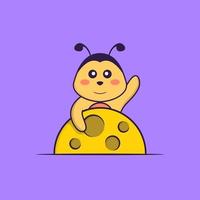 Cute bee is on the moon. Animal cartoon concept isolated. Can used for t-shirt, greeting card, invitation card or mascot. Flat Cartoon Style vector