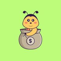 abeja linda en una bolsa de dinero. aislado concepto de dibujos animados de animales. Puede utilizarse para camiseta, tarjeta de felicitación, tarjeta de invitación o mascota. estilo de dibujos animados plana vector