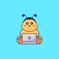 Cute bee using laptop. Animal cartoon concept isolated. Can used for t-shirt, greeting card, invitation card or mascot. Flat Cartoon Style vector