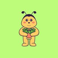 abeja linda con dinero. aislado concepto de dibujos animados de animales. Puede utilizarse para camiseta, tarjeta de felicitación, tarjeta de invitación o mascota. estilo de dibujos animados plana vector