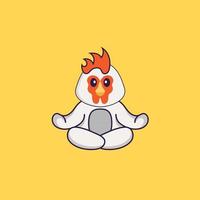 Cute chicken is meditating or doing yoga. Animal cartoon concept isolated. Can used for t-shirt, greeting card, invitation card or mascot. Flat Cartoon Style