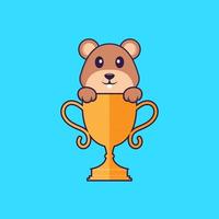 Cute squirrel with gold trophy. Animal cartoon concept isolated. Can used for t-shirt, greeting card, invitation card or mascot. Flat Cartoon Style vector