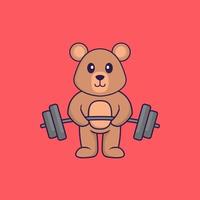 Cute rat lifts the barbell. Animal cartoon concept isolated. Can used for t-shirt, greeting card, invitation card or mascot. Flat Cartoon Style vector