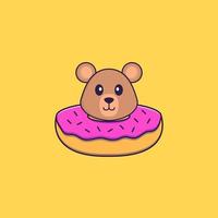 Cute rat with a donut on his neck. Animal cartoon concept isolated. Can used for t-shirt, greeting card, invitation card or mascot. Flat Cartoon Style