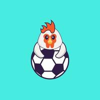 lindo pollo jugando al fútbol. aislado concepto de dibujos animados de animales. Puede utilizarse para camiseta, tarjeta de felicitación, tarjeta de invitación o mascota. estilo de dibujos animados plana vector