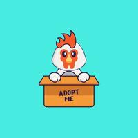 Cute chicken in box with a poster Adopt me. Animal cartoon concept isolated. Can used for t-shirt, greeting card, invitation card or mascot. Flat Cartoon Style vector