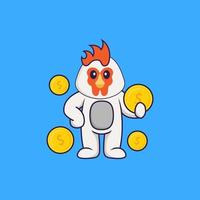 Cute chicken holding coin. Animal cartoon concept isolated. Can used for t-shirt, greeting card, invitation card or mascot. Flat Cartoon Style vector