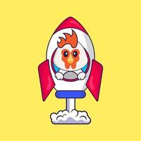 Cute chicken flying on rocket. Animal cartoon concept isolated. Can used for t-shirt, greeting card, invitation card or mascot. Flat Cartoon Style vector