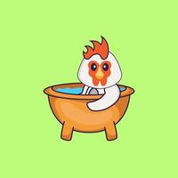 Cute chicken taking a bath in the bathtub. Animal cartoon concept isolated. Can used for t-shirt, greeting card, invitation card or mascot. Flat Cartoon Style vector