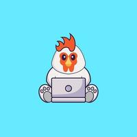 Cute chicken using laptop. Animal cartoon concept isolated. Can used for t-shirt, greeting card, invitation card or mascot. Flat Cartoon Style vector
