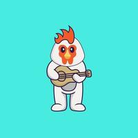 Cute chicken playing guitar. Animal cartoon concept isolated. Can used for t-shirt, greeting card, invitation card or mascot. Flat Cartoon Style vector