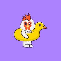 Cute chicken With Duck buoy. Animal cartoon concept isolated. Can used for t-shirt, greeting card, invitation card or mascot. Flat Cartoon Style vector