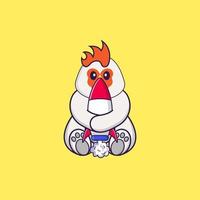 Cute chicken holding a rocket. Animal cartoon concept isolated. Can used for t-shirt, greeting card, invitation card or mascot. Flat Cartoon Style vector