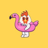 lindo pollo con boya flamingo. aislado concepto de dibujos animados de animales. Puede utilizarse para camiseta, tarjeta de felicitación, tarjeta de invitación o mascota. estilo de dibujos animados plana vector