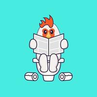 Cute chicken Pooping On Toilet and read newspaper. Animal cartoon concept isolated. Can used for t-shirt, greeting card, invitation card or mascot. Flat Cartoon Style vector