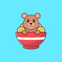 Cute rat eating ramen noodles. Animal cartoon concept isolated. Can used for t-shirt, greeting card, invitation card or mascot. Flat Cartoon Style vector