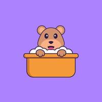 lindo oso tomando un baño en la bañera. aislado concepto de dibujos animados de animales. Puede utilizarse para camiseta, tarjeta de felicitación, tarjeta de invitación o mascota. estilo de dibujos animados plana vector