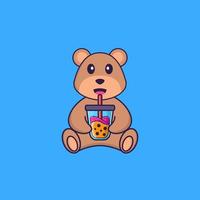 Cute bear Drinking Boba milk tea. Animal cartoon concept isolated. Can used for t-shirt, greeting card, invitation card or mascot. Flat Cartoon Style vector