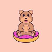 lindo oso está sentado sobre donas. aislado concepto de dibujos animados de animales. Puede utilizarse para camiseta, tarjeta de felicitación, tarjeta de invitación o mascota. estilo de dibujos animados plana vector