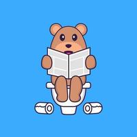 Cute bear Pooping On Toilet and read newspaper. Animal cartoon concept isolated. Can used for t-shirt, greeting card, invitation card or mascot. Flat Cartoon Style vector