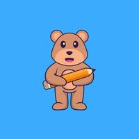 Cute bear holding a pencil. Animal cartoon concept isolated. Can used for t-shirt, greeting card, invitation card or mascot. Flat Cartoon Style vector