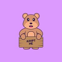 Cute bear holding a poster Adopt me. Animal cartoon concept isolated. Can used for t-shirt, greeting card, invitation card or mascot. Flat Cartoon Style vector