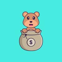 lindo oso jugando en la bolsa de dinero. aislado concepto de dibujos animados de animales. Puede utilizarse para camiseta, tarjeta de felicitación, tarjeta de invitación o mascota. estilo de dibujos animados plana vector