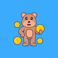 Cute bear holding coin. Animal cartoon concept isolated. Can used for t-shirt, greeting card, invitation card or mascot. Flat Cartoon Style vector