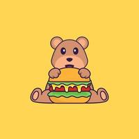 Cute bear eating burger. Animal cartoon concept isolated. Can used for t-shirt, greeting card, invitation card or mascot. Flat Cartoon Style vector