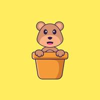 Cute bear in a flower vase. Animal cartoon concept isolated. Can used for t-shirt, greeting card, invitation card or mascot. Flat Cartoon Style vector